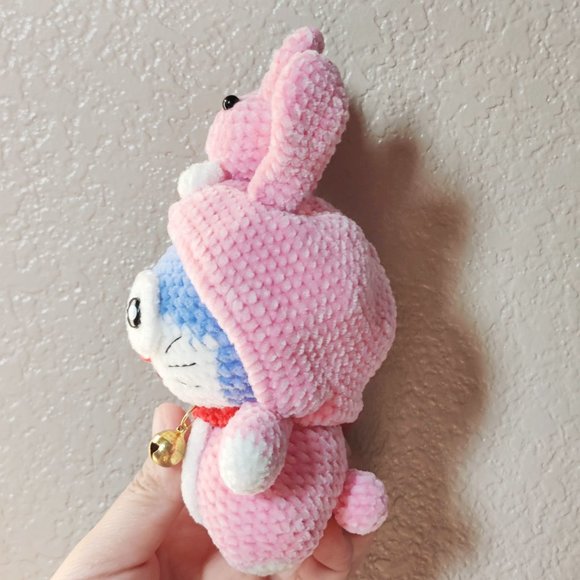 Handmade Amigurumi Crochet Doraemon Wearing a Bunny Hoodie - Picture 4 of 10